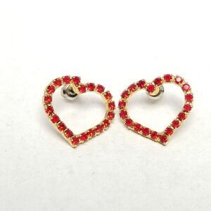 Vintage Red Rhinestone Heart Shape Stud Earrings, Gold Tone Setting, Estate
